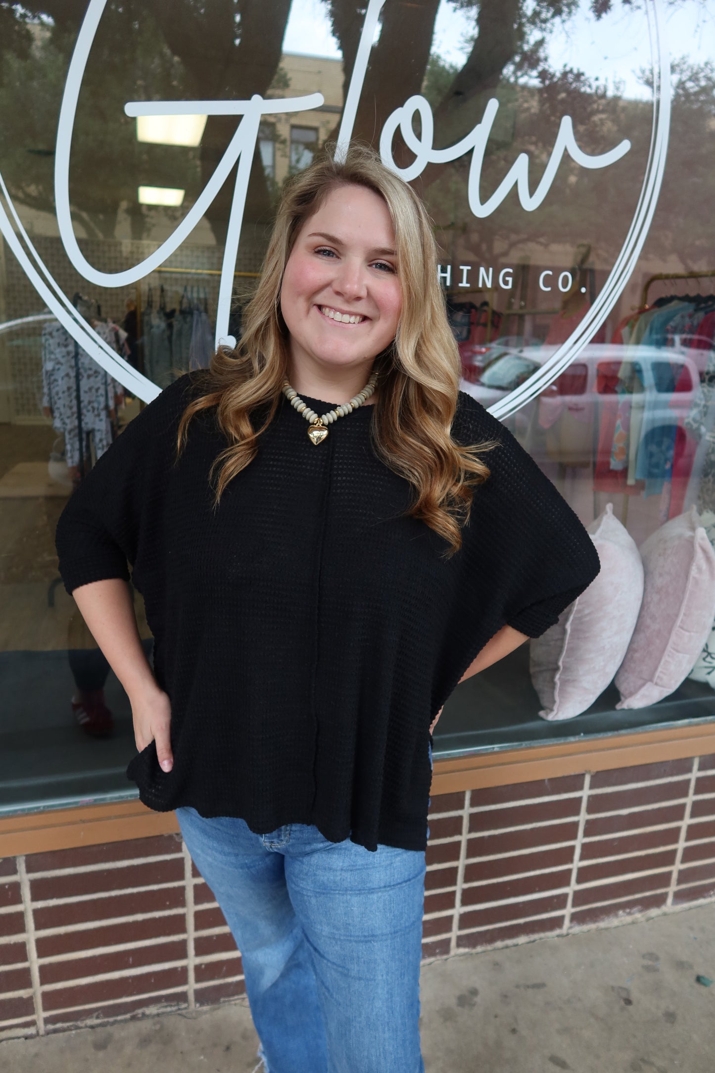 Wendy Waffle Knit Top in Black