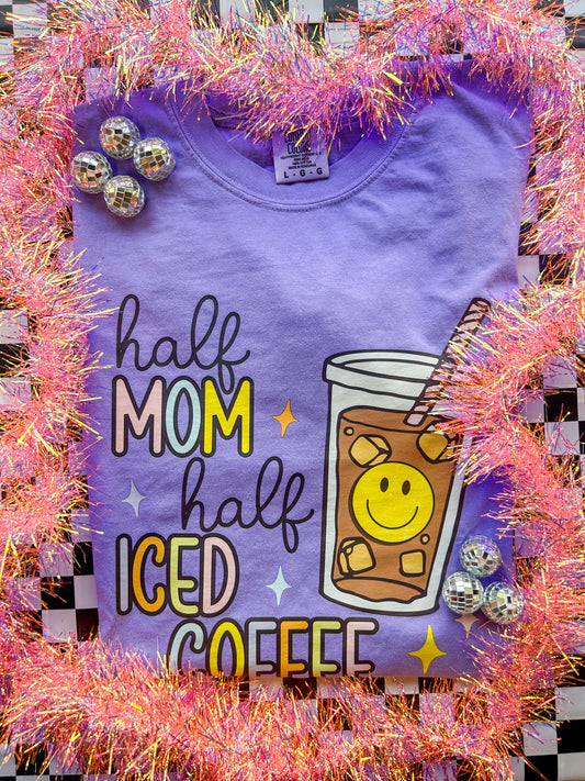 Half mom half iced coffee graphic tee